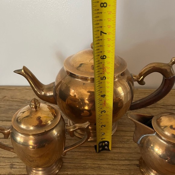 Vintage 3 Piece Taiwan Brass with Wooden Handle Hollywood Regency Tea Set - Picture 10 of 12